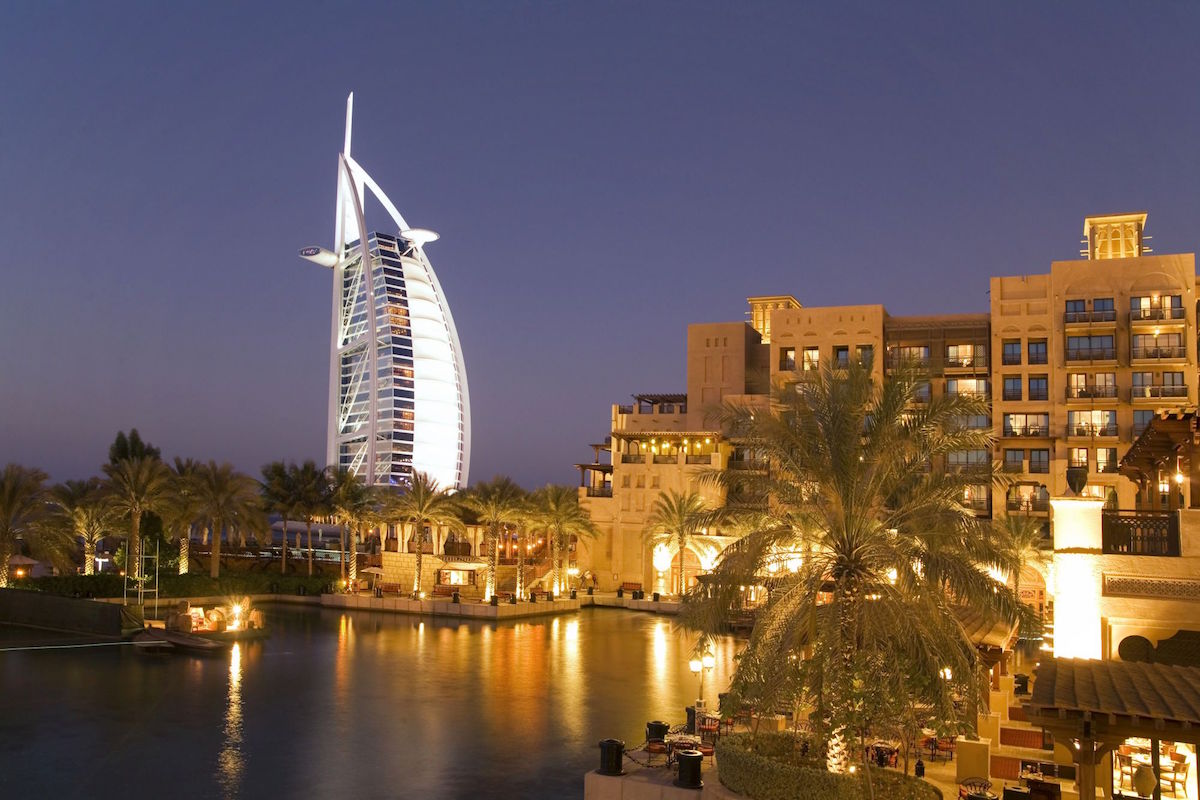 Dubai Jumeirah beach, Burj al Arab, Medinat Jumeirah, canal, twilight,.